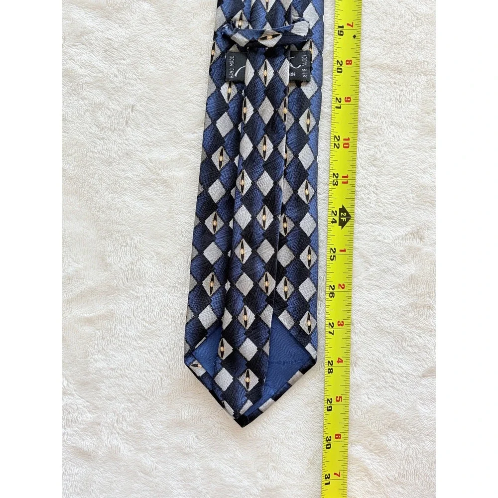 Antonia Collection Blue Silver Geometric Diamond Silk Necktie Mens OS Excellent